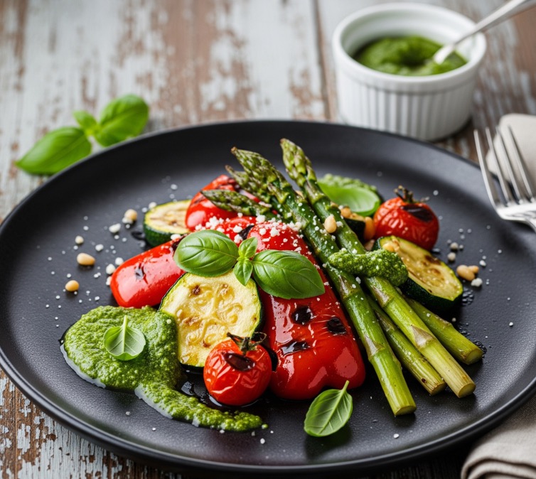 로스팅 채소와 바질 페스토 요리