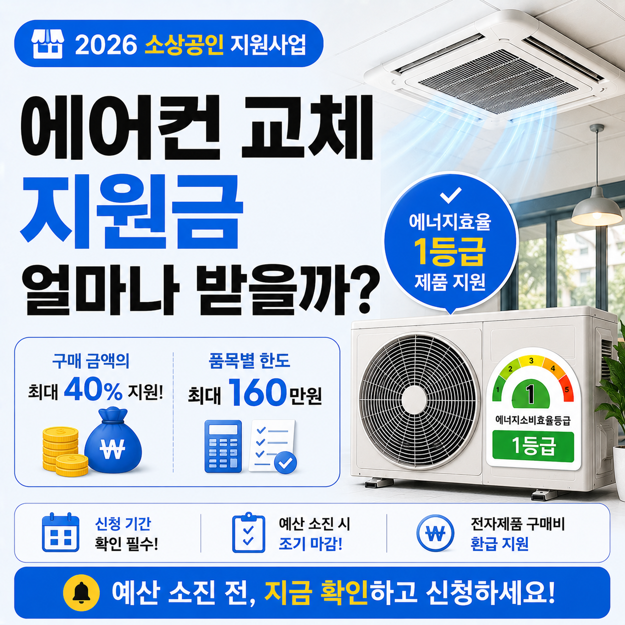 소상공인 매장에 설치된 에어컨 실외기와 에너지효율 라벨을 확인하는 모습
