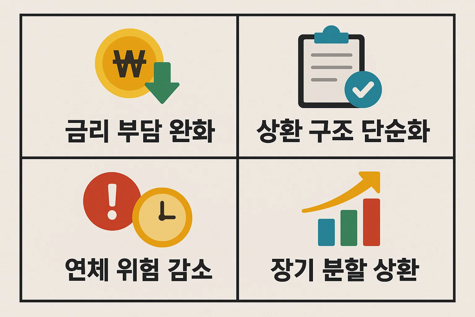 정부지원 채무통합 대환대출을 이용했을 때 금리 부담 완화, 상환 구조 단순화, 연체 위험 감소, 장기 분할 상환 효과를 아이콘으로 정리한 이미지입니다