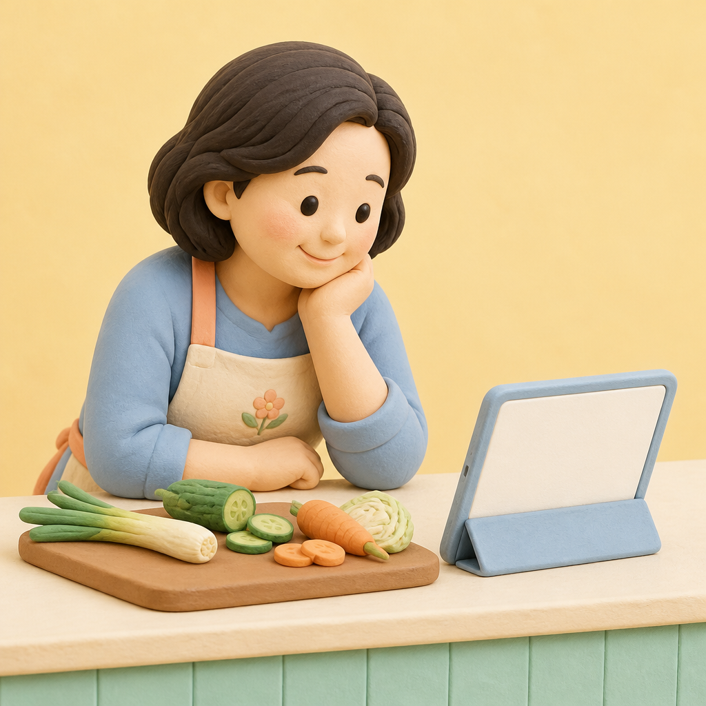 부엌 식탁에서 태블릿으로 요리 영상을 보는 중년 여성