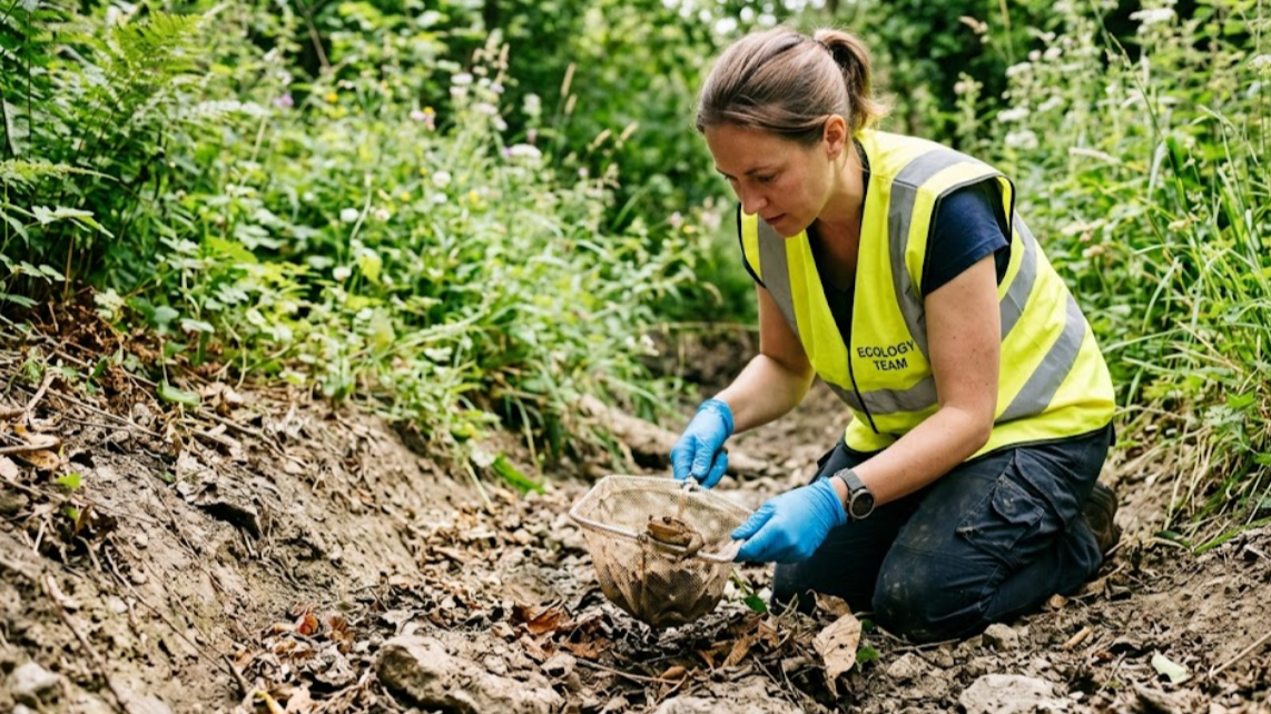안전 장비를 착용하고 배수로에서 두꺼비를 구조하는 올바른 방법
