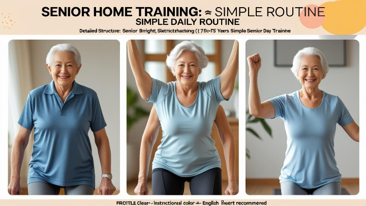 시니어가 집에서 따라할 수 있는 간단한 홈트레이닝 루틴 5가지 동작을 시각적으로 정리한 이미지