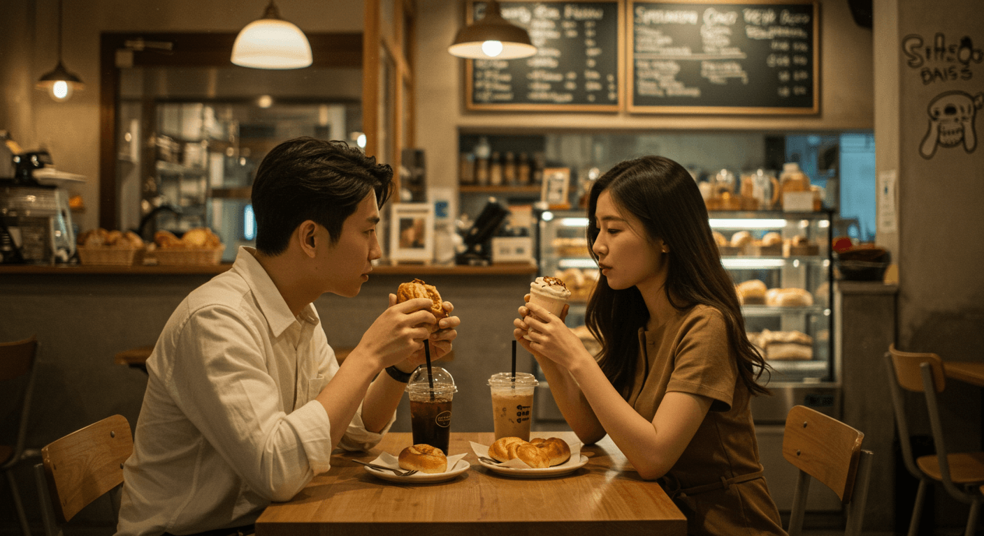 분위기 있는 카페에서 음료마시는 커플