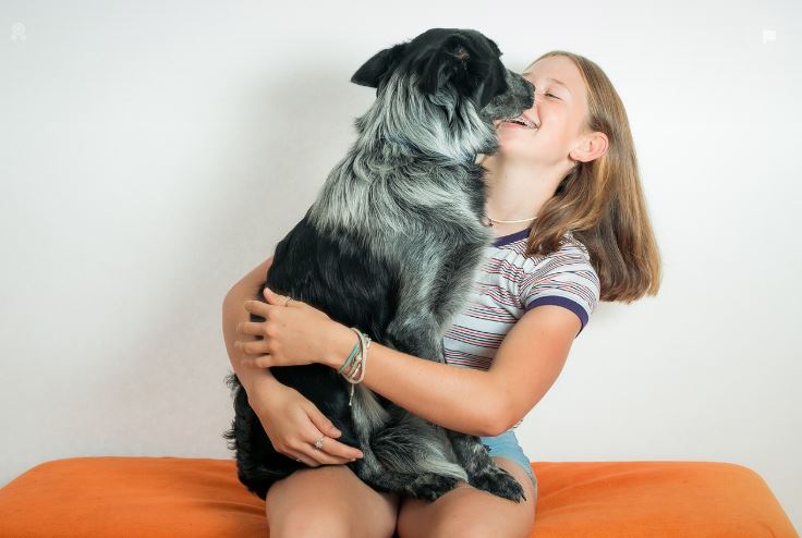 반려견과 보호자와의 교감을 하는 모습(보호자 품에 안긴 반려견이 보호자의 얼굴에 뽀뽀를 하고 있음)