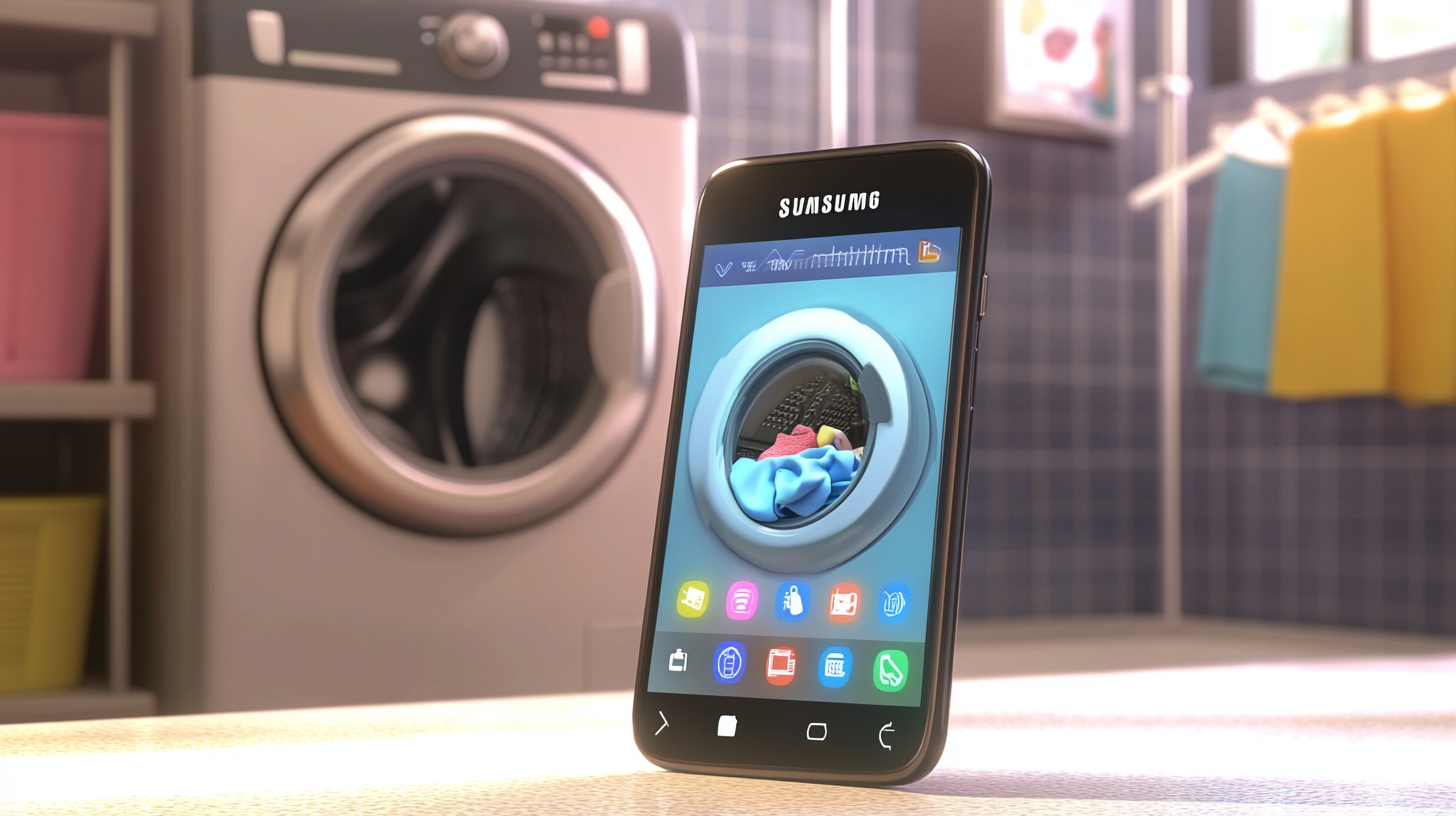 스마트폰 화면에 삼성 스마트 싱스 앱으로 세탁기를 제어하는 모습, 편리함과 진보된 연결성을 상징하고 있음