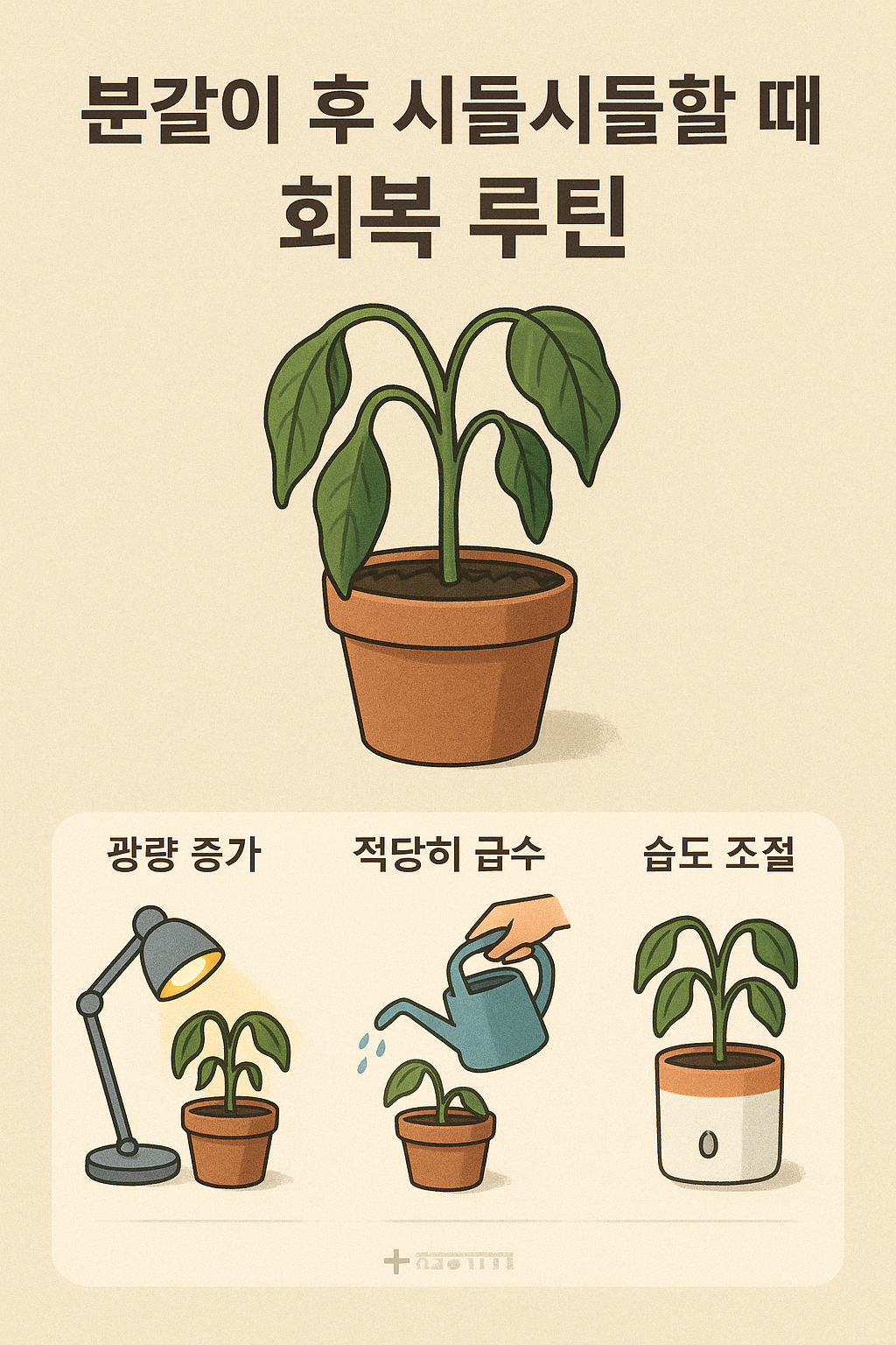 분갈이 후 시들시들할 때 회복 루틴: 광량&middot;급수&middot;습도 단계별 조정