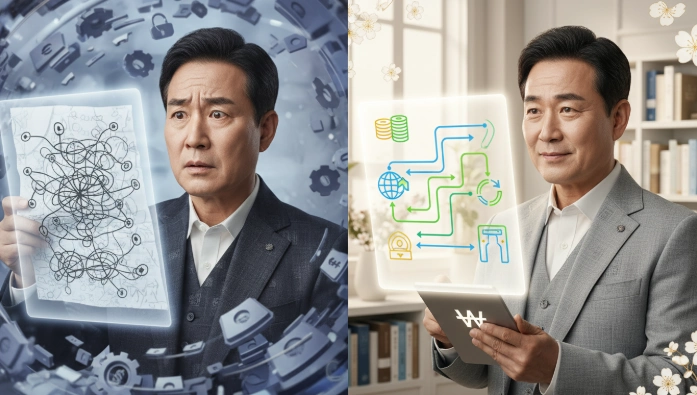 키움증권 IRP 중도인출 불가 상황에서 혼란스러워하는 40대 남성과 명확한 해결책을 찾은 듯한 자신감 있는 남성을 대비하여 보여주는 이미지. 복잡한 규정으로 막힌 자금 흐름과 해결책을 찾은 자금 흐름을 시각적으로 비교.