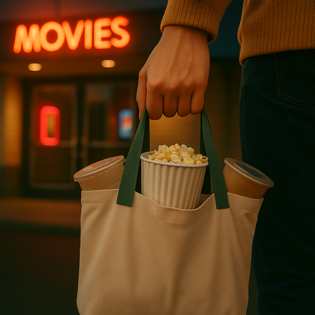 극장 관람 후 장바구니를 드는 손 클로즈업