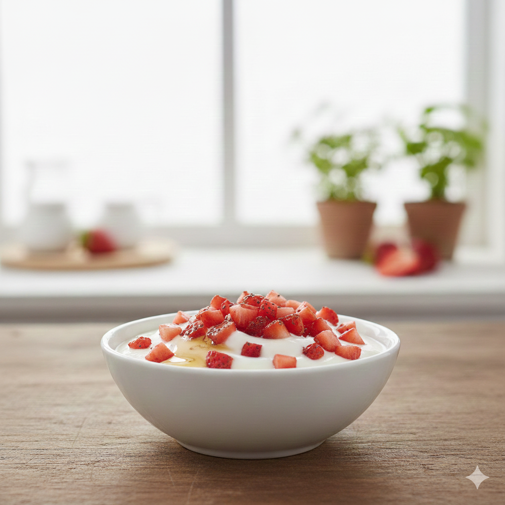 아침 식사 대용으로 좋은, 큼직한 딸기 알갱이가 듬뿍 들어간 영양 가득 딸기 요거트