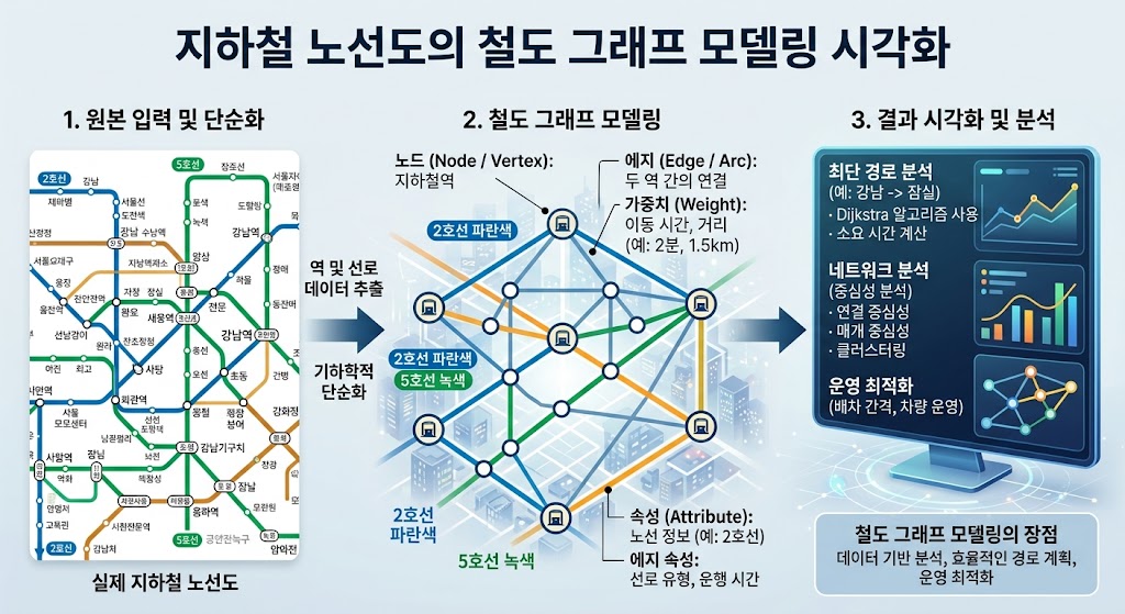 역(Station)을 정점(Vertex)으로, 궤도를 간선(Edge)으로 정의하여 가중치 데이터를 부여한 논리적 구조.