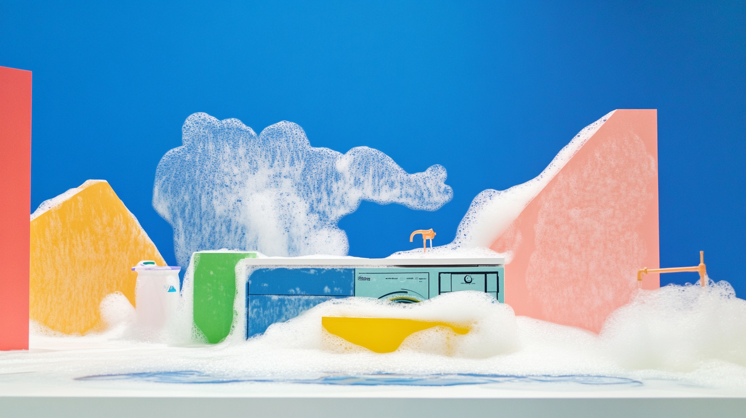 에코버블 기술로 물거품이 세탁기에 가득 찬 모습으로, 물 절약과 에너지 효율을 나타내는 생생한 이미지입니다.