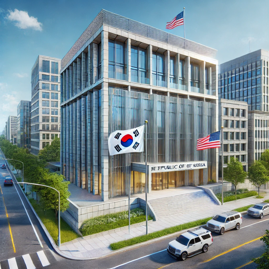현대 정부 건물, 한국 국기, 미국 국기, 도시 환경, 맑고 푸른 하늘, 현대 건축물, 유리 외관, 낮, 거리 전망, 자동차와 나무, 도시 풍경, 전문적이고 깨끗한, 공식 건물, 현대적인 디자인