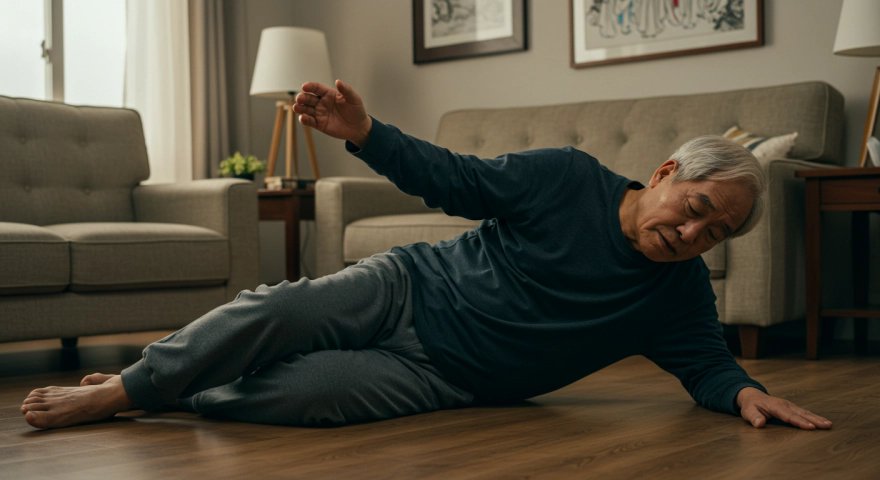 한쪽 팔을 들지 못하고 쓰러지는 한국인 노인