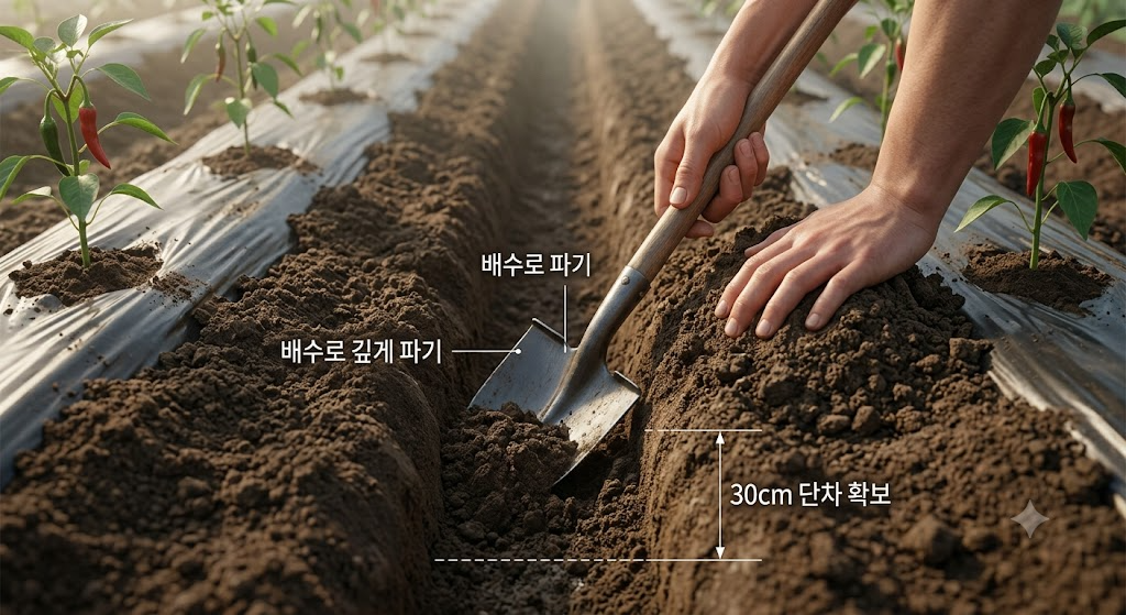 삽을 사용하여 고추 두둑 사이의 고랑 흙을 깊게 파내어 30cm 단차의 배수로를 확보하는 동작