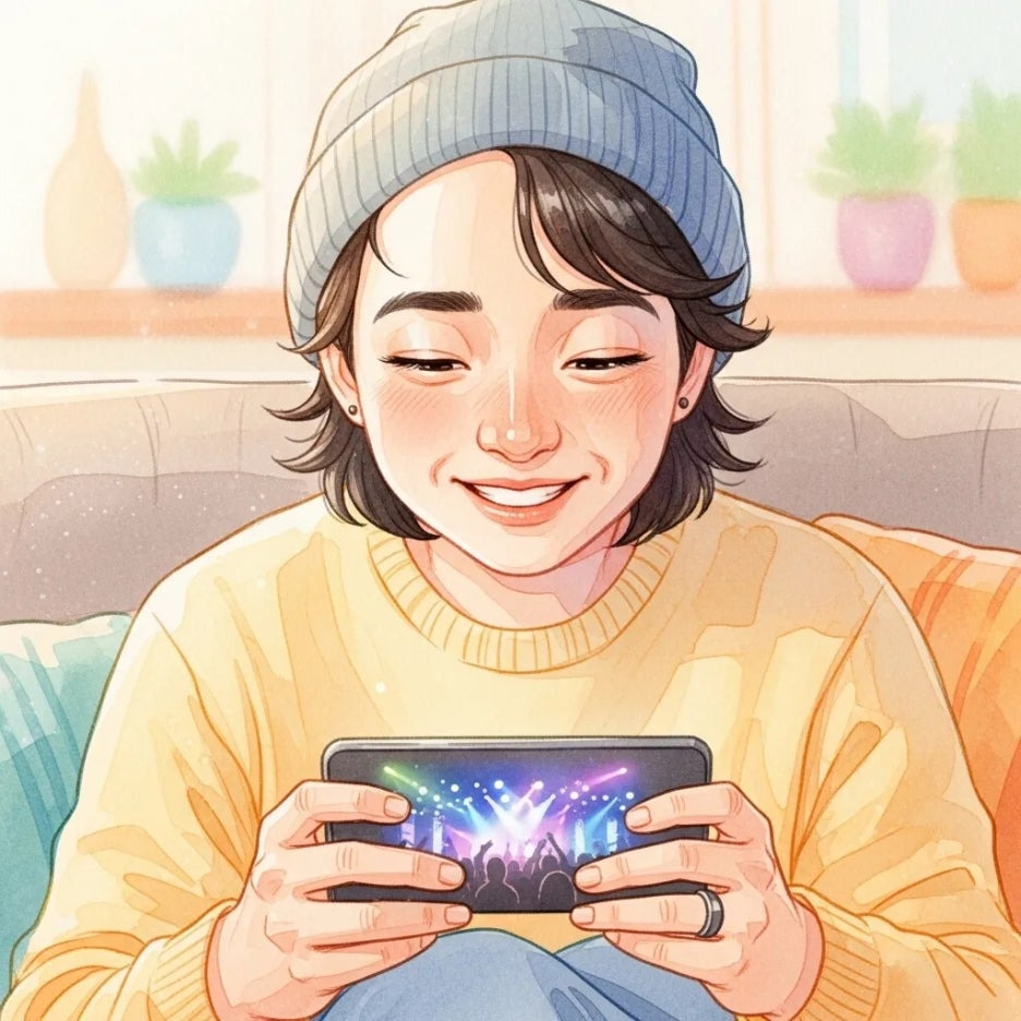 콘서트 관람 후 휴대폰으로 사진을 보며 추억하는 모습