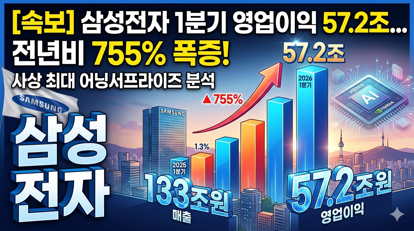삼성전자의 2026년 1분기 잠정 실적 발표를 알리는 블로그 썸네일 이미지. 상단에는 노란색과 흰색 글씨로 '[속보] 삼성전자 1분기 영업이익 57.2조... 전년비 755% 폭증!', '사상 최대 어닝서프라이즈 분석'이라는 문구가 크게 적혀 있습니다. 배경으로는 서울 시내 야경과 삼성 서초 사옥, 그리고 삼성 깃발이 보입니다. 중앙에는 '2025 1분기'에서 '2026 1분기'로 급격히 상승하는 막대그래프와 함께 '▲ 755%'라는 상승 화살표가 그려져 있습니다. 그래프 앞에는 '133조 원 매출', '57.2조 원 영업이익'이라는 문구가 입체적인 글씨로 강조되어 있습니다. 우측 상단에는 AI 데이터 패턴과 'HBM4', 'NVIDIA' 로고가 새겨진 반도체 칩 이미지가 배치되어 있어 실적 상승의 원인을 시각적으로 보여줍니다.