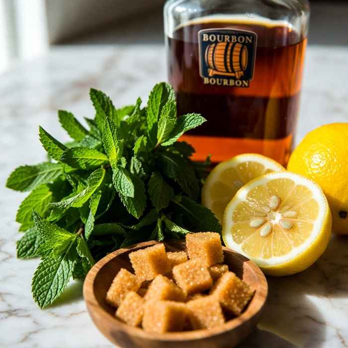 위스키 스매시 칵테일 재료 - 버번 위스키와 신선한 민트