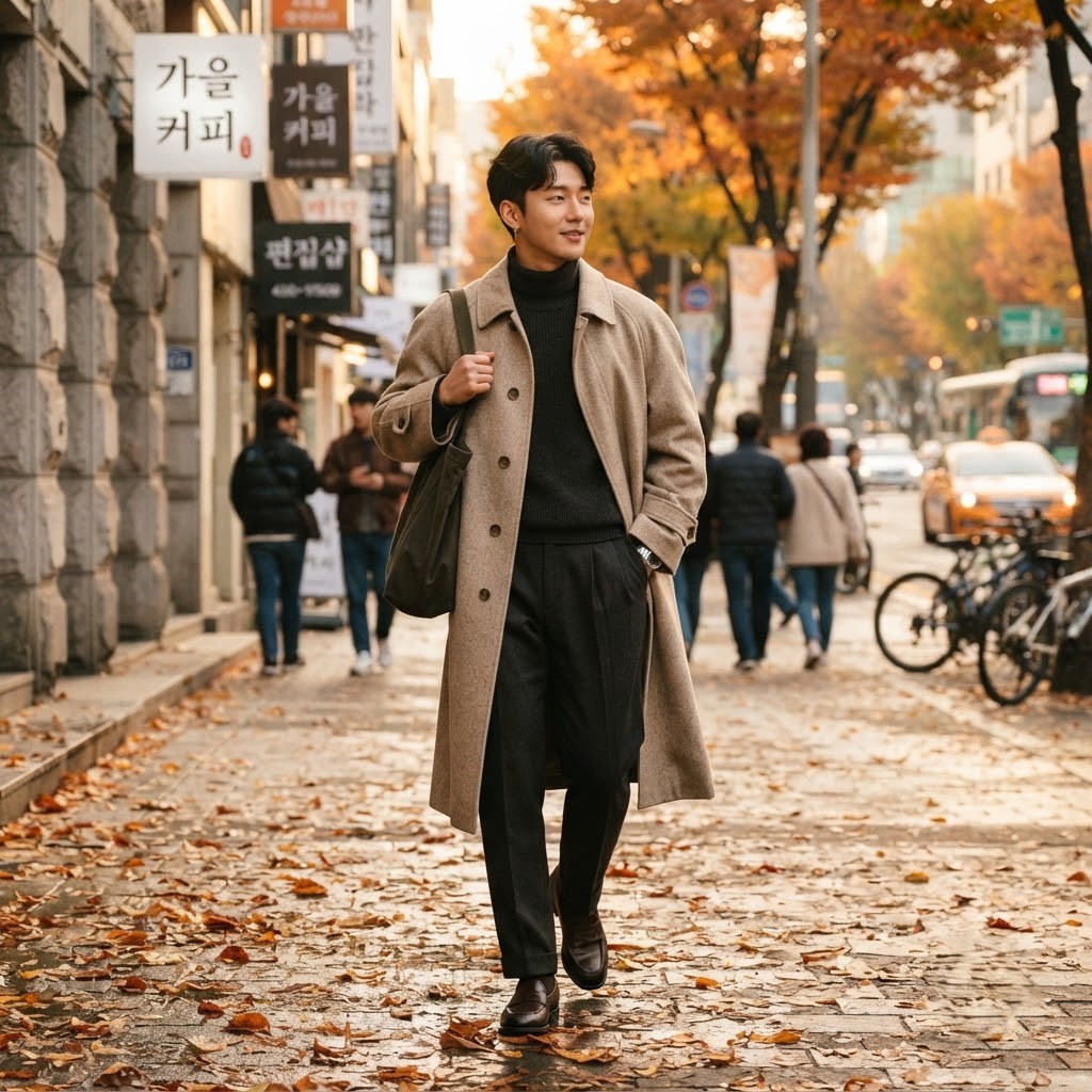 Full-body street style photo of a stylish Korean man walking on an autumn city street, wearing a balmacan coat over a knit sweater, warm golden afternoon light, fallen leaves on the ground, editorial fashion photography, natural candid pose