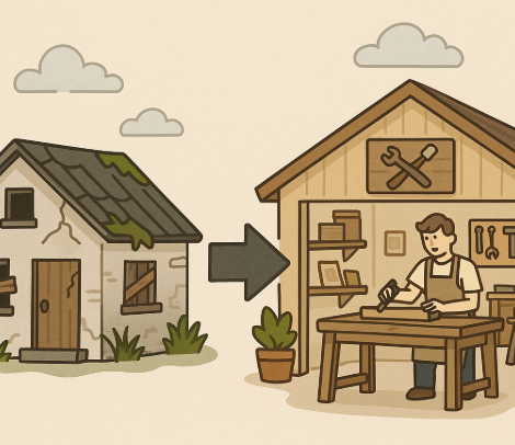 "빈집이 목공방으로 개조되는 과정을 표현한 일러스트, 낡은 집이 화살표를 통해 따뜻한 분위기의 목공방으로 변신하고 장인이 나무 작업을 하는 모습"