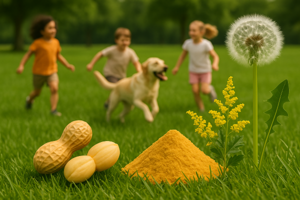 “잔디밭 위에 놓인 땅콩, 모래, 꽃가루 식물 앞에서 멀리 아이들이 강아지와 함께 뛰노는 풍경”