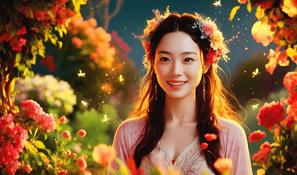 긴 머리 여성이 웃으면서 서 있다. 주변엔 예쁜 꽃들이 가득하다. 분홍색, 빨간색, 하얀색 꽃들이다.