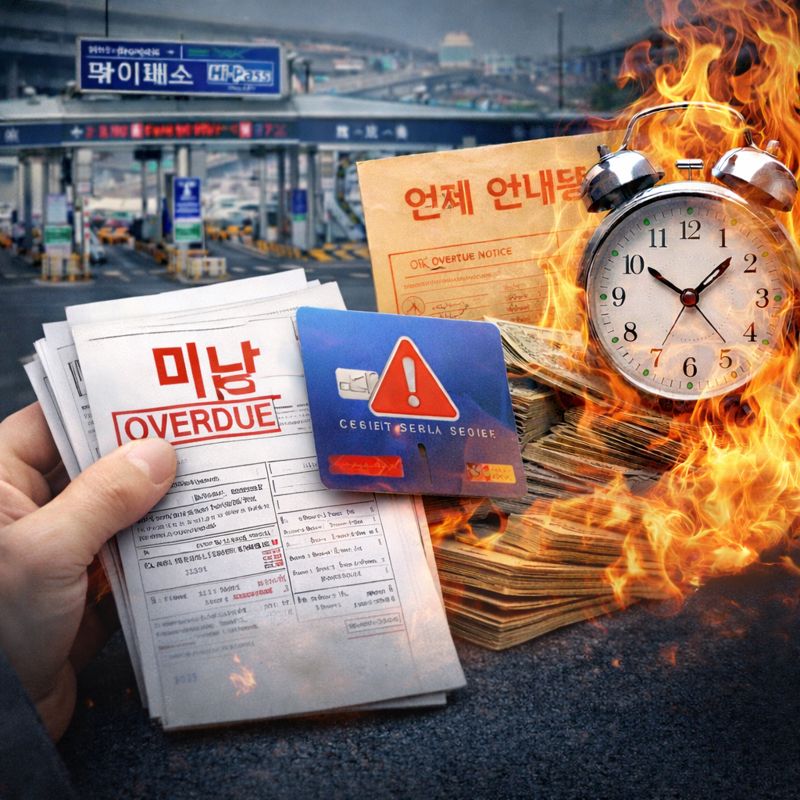 하이패스 미납 고지서와 요금소 배경이 함께 보이는 이미지