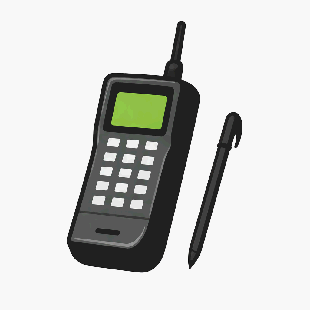 검은색 빈티지 폰과 펜을 형상화한 단순한 2D 아이콘 이미지.