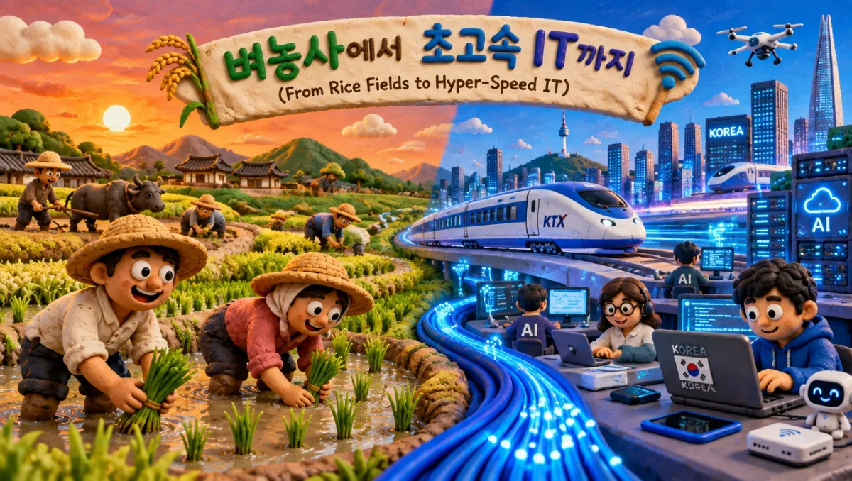 전통 농경사회의 협동 농작업과 초고속 IT 인프라의 대비를 클레이 스톱모션으로 표현한 진화 인포그래픽. 따뜻한 톤의 벼농사 장면과 차가운 톤의 KTX 열차&middot;광케이블 인프라가 한 화면에 조화롭게 배치