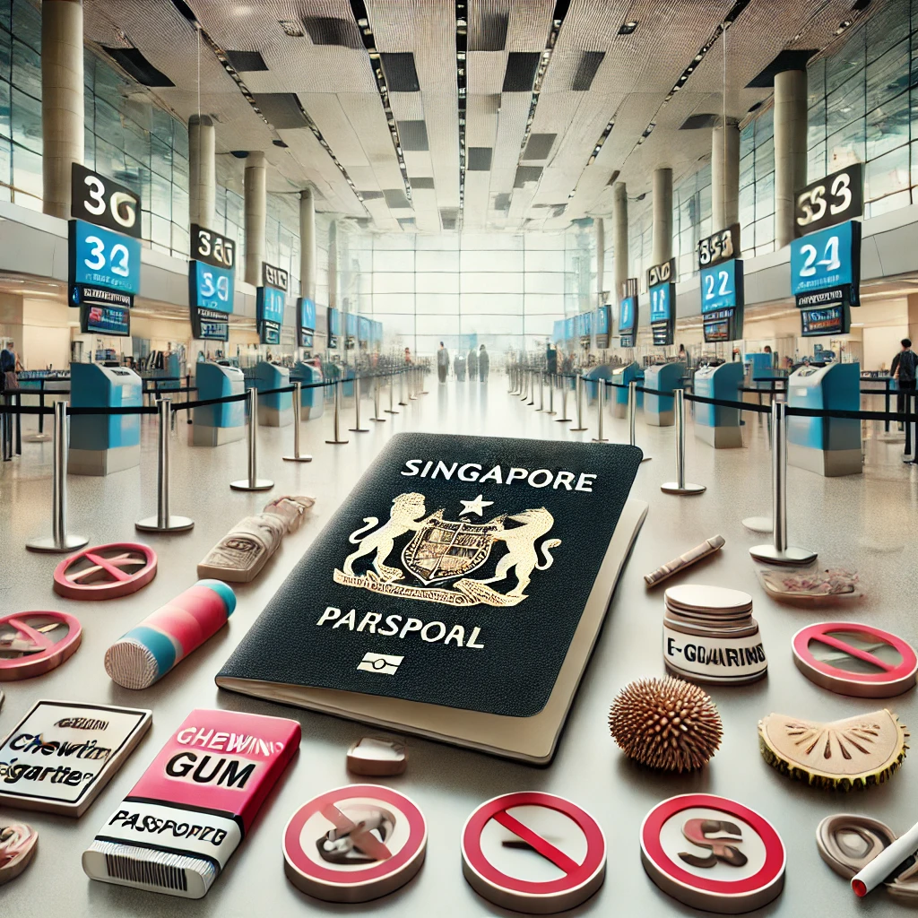 싱가포르 창이공항 입국장, 여권과 SG Arrival Card, 금지물품 이미지가 어우러진 시각적 구성