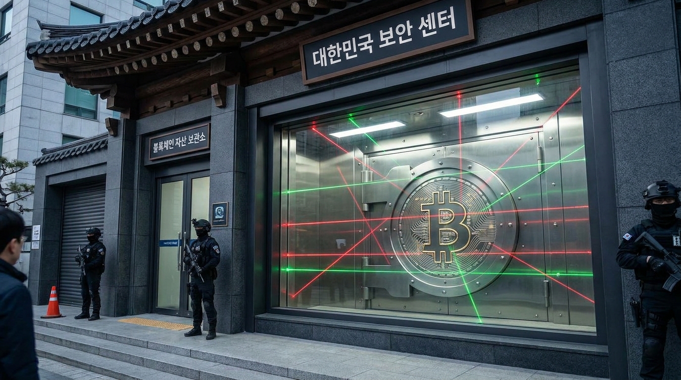 견고한 보안망에 보호받는 비트코인을 상징하는 이미지