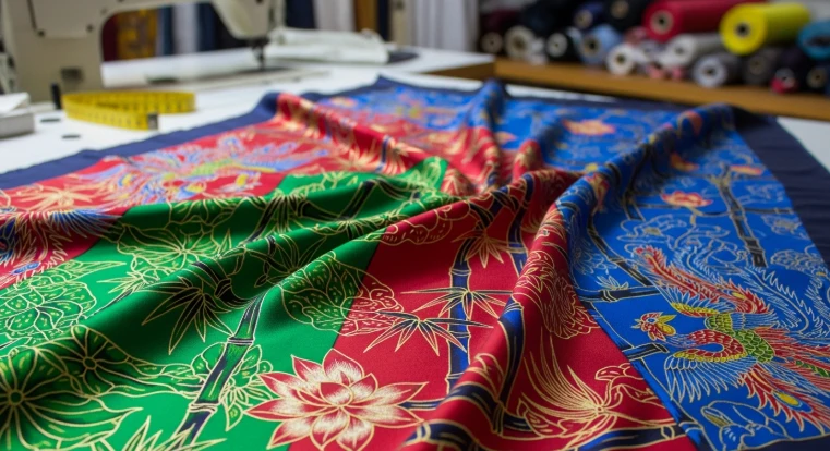 선명한 색상과 베트남 전통 문양이 돋보이는 고급스러운 실크 스카프 클로즈업 이미지.