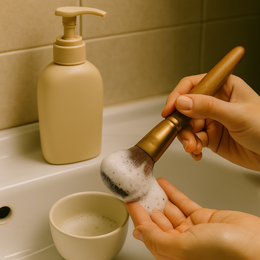 욕실 세면대 위, 유통기한 지난 샴푸 거품으로 메이크업 브러쉬를 세척하는 손의 클로즈업 장면. 옆에는 거품이 담긴 작은 그릇이 놓여 있음