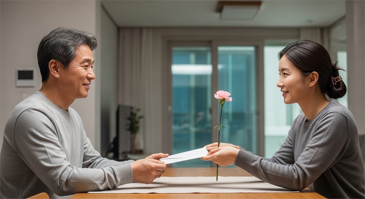딸이 아버지에게 봉투와 꽃을 전하는 차분한 순간 
