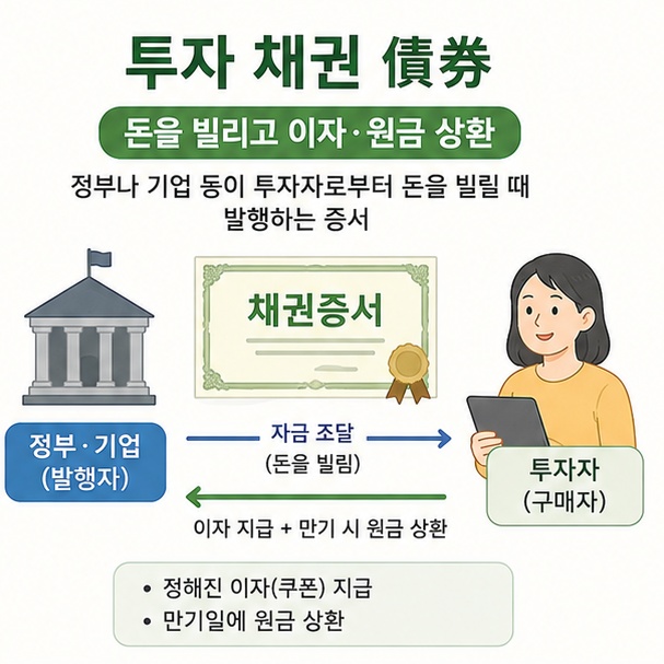 정부나 기업이 투자자에게 돈을 빌리기 위해 발행하고 이자와 원금 상환을 약속하는 금융상품 채권을 설명한 이미지
