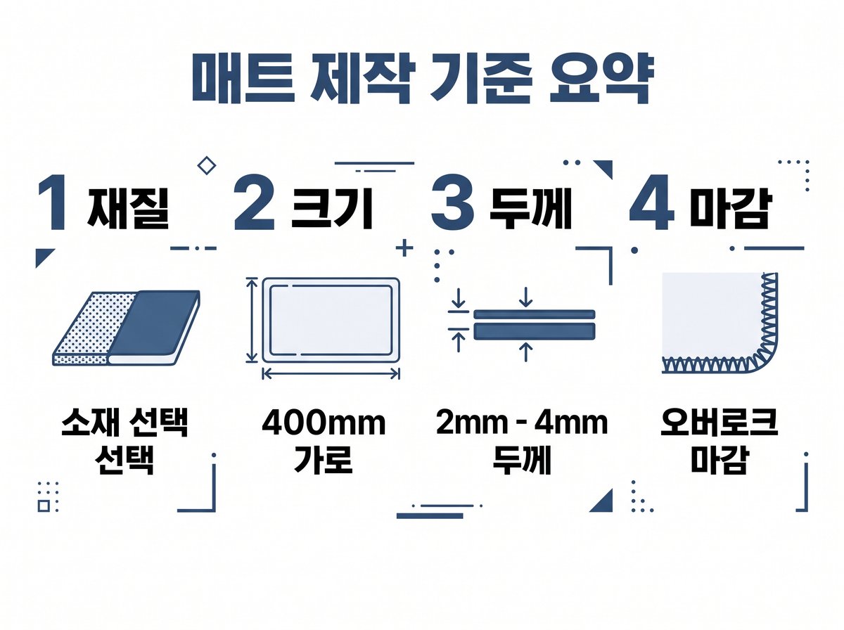 재질, 가로 400mm 크기, 2mm에서 4mm 두께, 오버로크 마감 4단계 선택 기준 요약