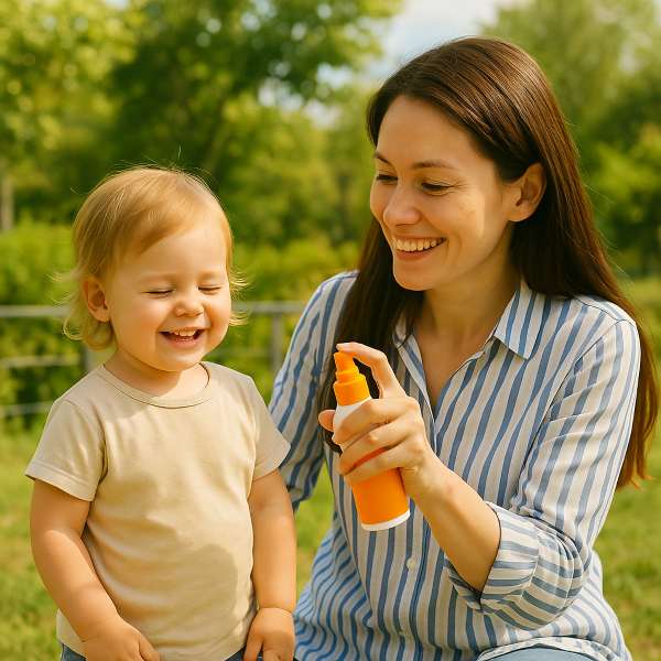 모기 기피제를 들고 밝게 웃으며 베란다에서 유아에게 뿌려주는 엄마의 모습, 여름철 모기 예방 상황