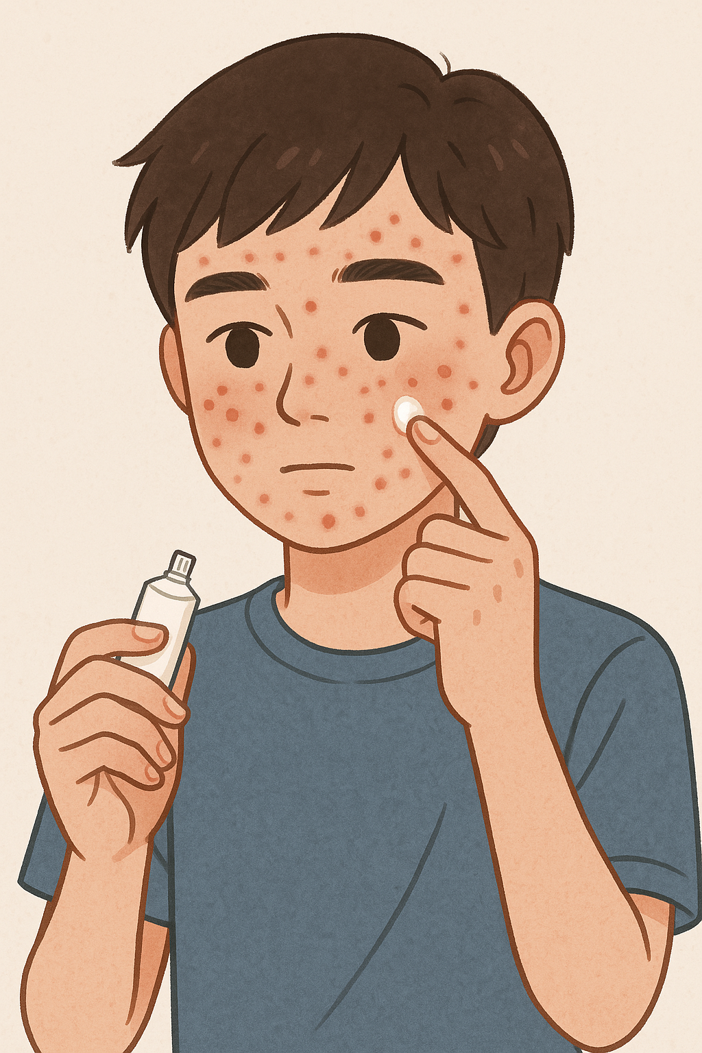 여드름 연고를 얼굴에 바르고 있는 10대 남자아이 일러스트레이션