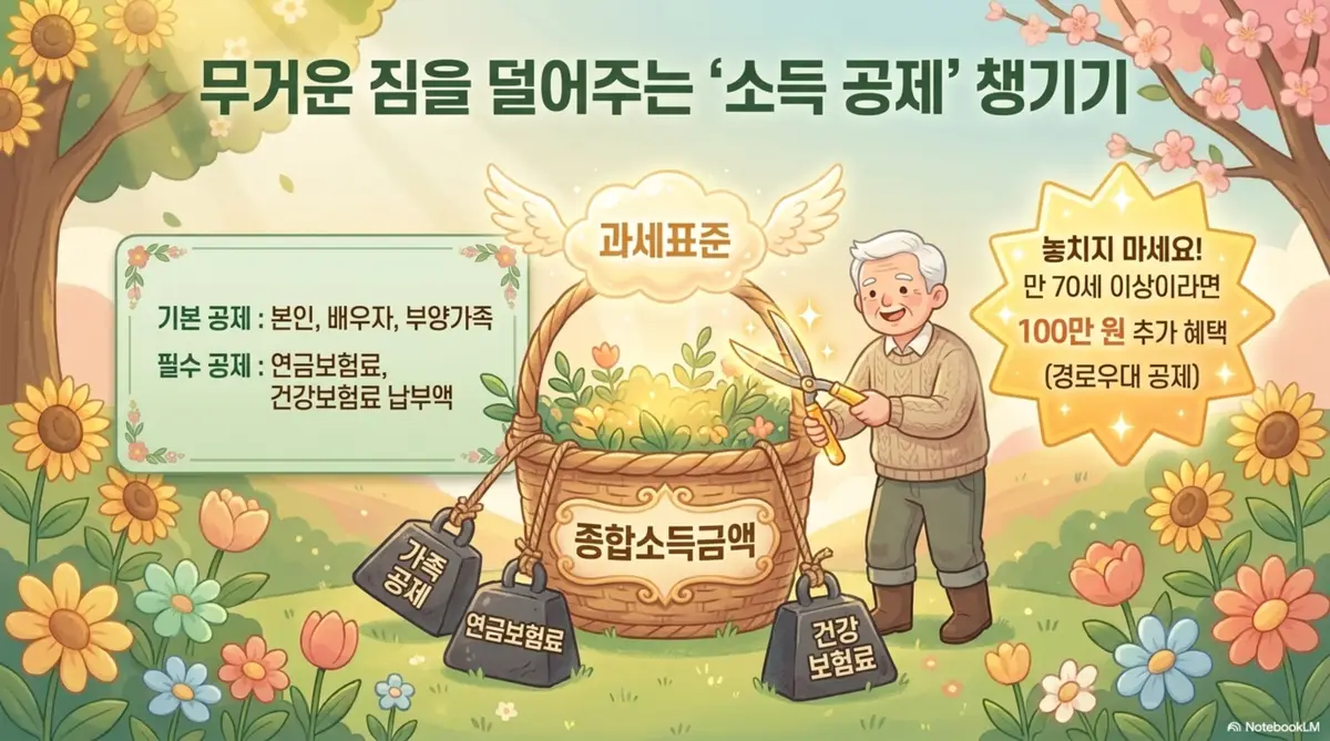 연금소득 종합소득세: 연금소득자의 소득공제를 통해 과세표준을 낮추는 방법을 안내하는 이미지. 종합소득금액 바구니에서 가족공제 연금보험료 건강보험료 등을 차감하는 모습을 보여주며 만 70세 이상이면 경로우대 공제로 100만 원을 추가로 받을 수 있다는 점을 강조함 