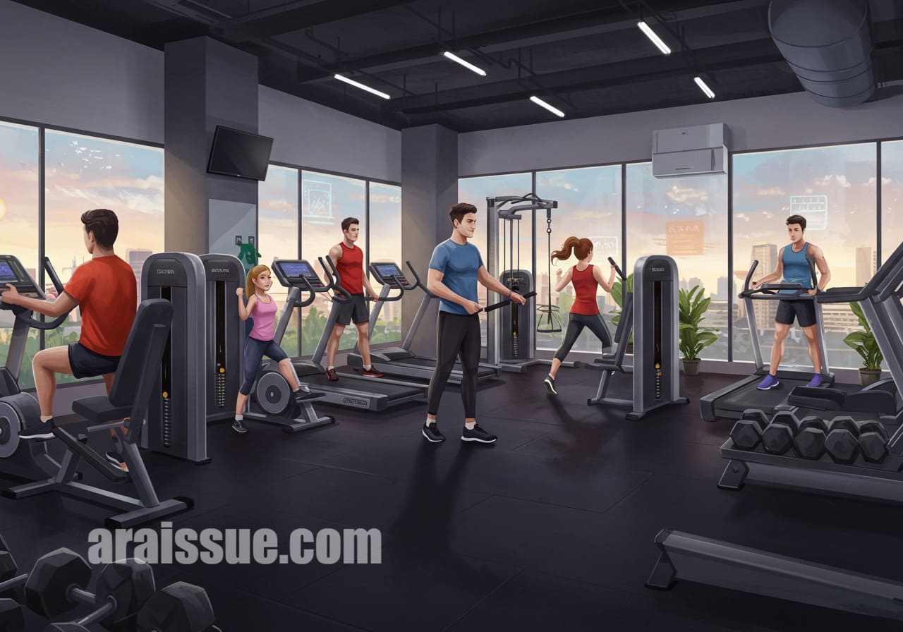 현대적인 피트니스 센터에서 개인 트레이너와 함께 운동하는 사람들. 최신 운동 기구와 밝은 실내에서 체중 감량 운동이 활발히 이루어지고 있다.