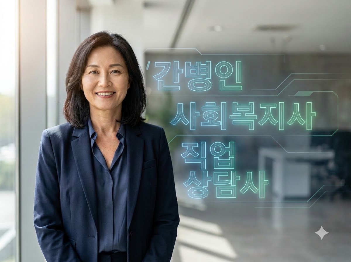 50대 여성의 재취업을 응원하는 당당한 여성의 모습과 3가지 유망 자격증 타이틀이 강조된 블로그 메인 썸네일