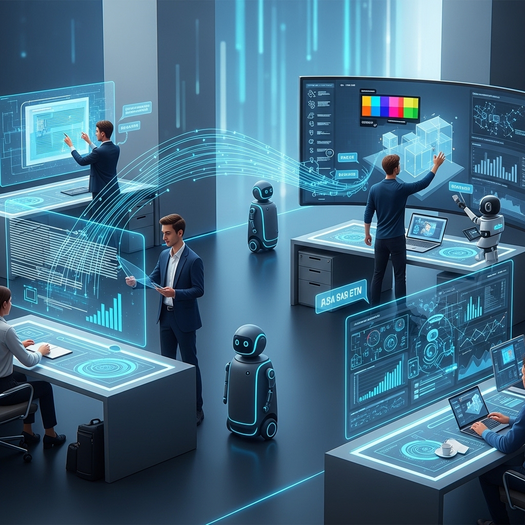 생산성을 폭발적으로 향상시키는 5가지 AI 도구를 활용하여 스마트하게 업무를 처리하는 미래형 사무실 모습.