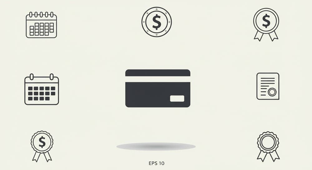 중앙에 단순화된 바우처 카드 아이콘, 주변에 달력&middot;동전&middot;정부 문서(도장 아이콘) 3종