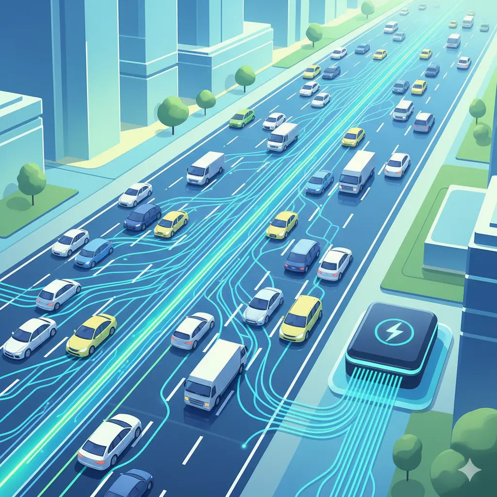 교통량 많은 도로에서 압전 패널을 통해 전기가 생성되는 모습을 표현한 이미지