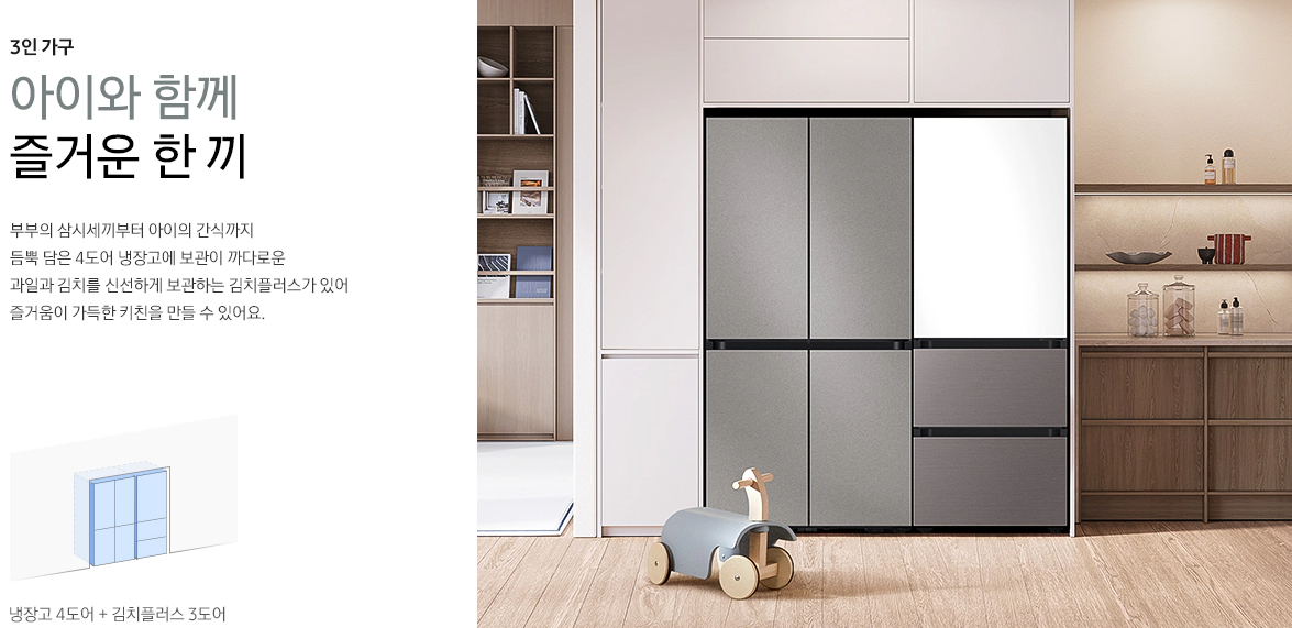 3인 가구 : 냉장고 4도어 + 김치플러스 3도어