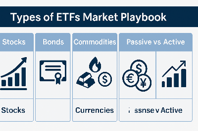 Infographic summarizing types of ETFs including stocks bonds commodities currencies and passive vs active