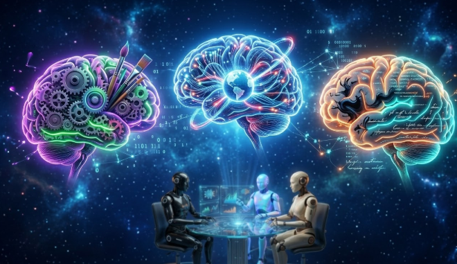 AI별 뇌의 특화 영역(검색, 코딩, 문학)을 다른 색상으로 표현한 시각화