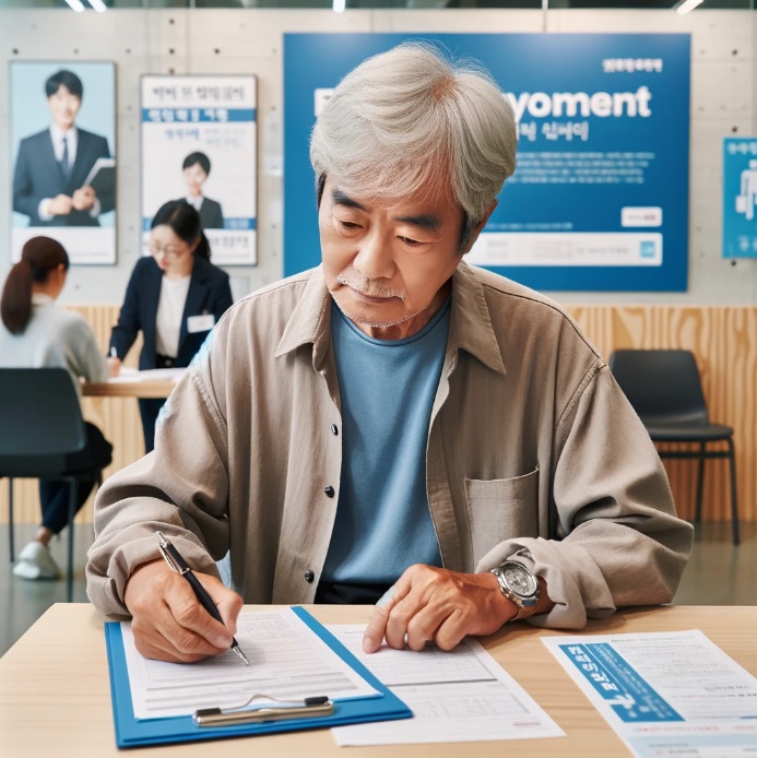 고용센터에서 신청서를 작성하는 노인