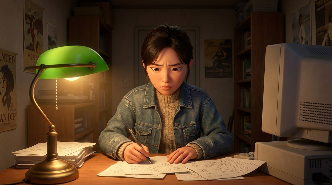 1990년대, 아버지의 후광을 피하기 위해 필명으로 등단을 준비하며 홀로 글쓰기에 몰두하는 스물넷 청년 한강의 진지한 모습.