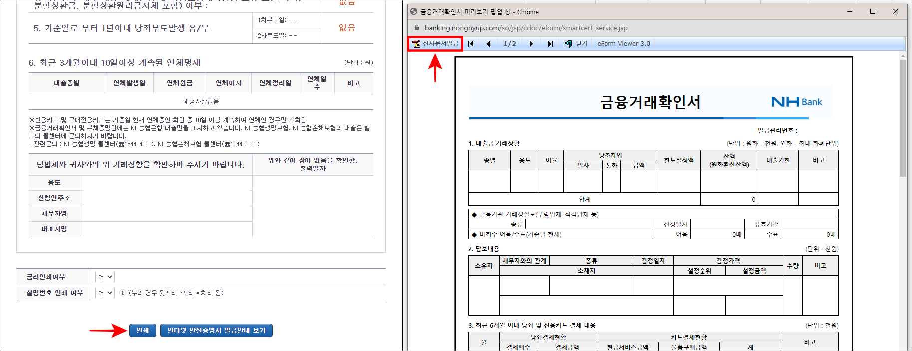 발급되는 금융거래확인서의 인쇄를 선택한 뒤&#44; 전자문서발급을 선택