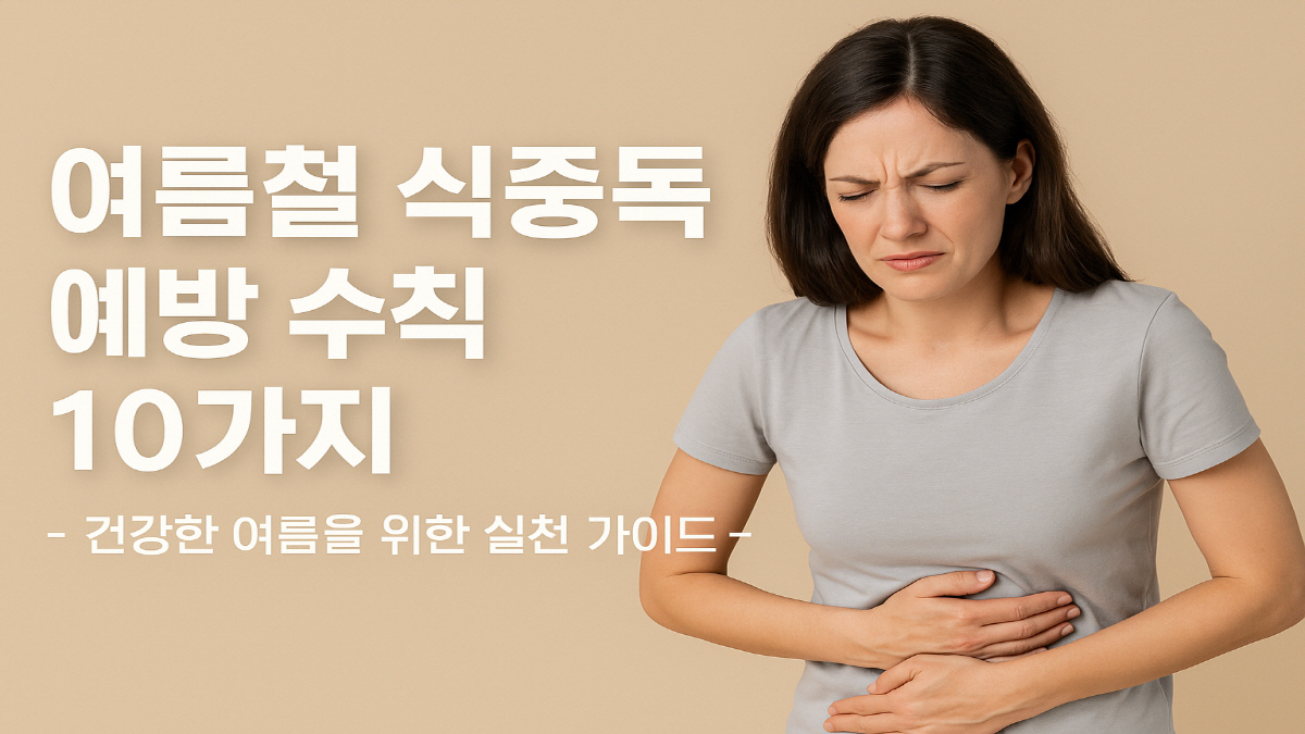 복통을 호소하는 여성의 모습과 '여름철 식중독 예방 수칙 10가지 &ndash; 건강한 여름을 위한 실천 가이드'라는 문구가 함께 담긴 16:9 비율 이미지